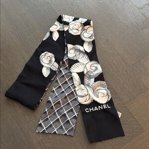 Chanel silk scarf black white cream flowers and geometric print